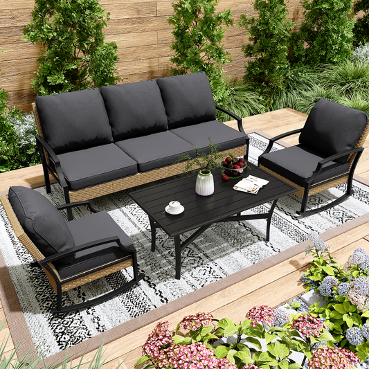 AECOJOY Patio Furniture Sets On Sale,Metal Outdoor Furniture Sets Clearance,Wicker Rattan Patio Conversation Sets For Porch, Garden and Backyard,Dark Grey