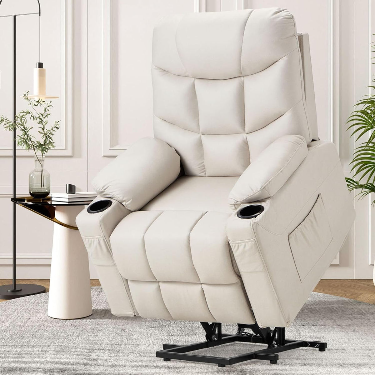 AECOJOY Power Lift Recliner for Elderly Faux Leather Electric Lift Chair with Heated Vibration Massage in Cream White