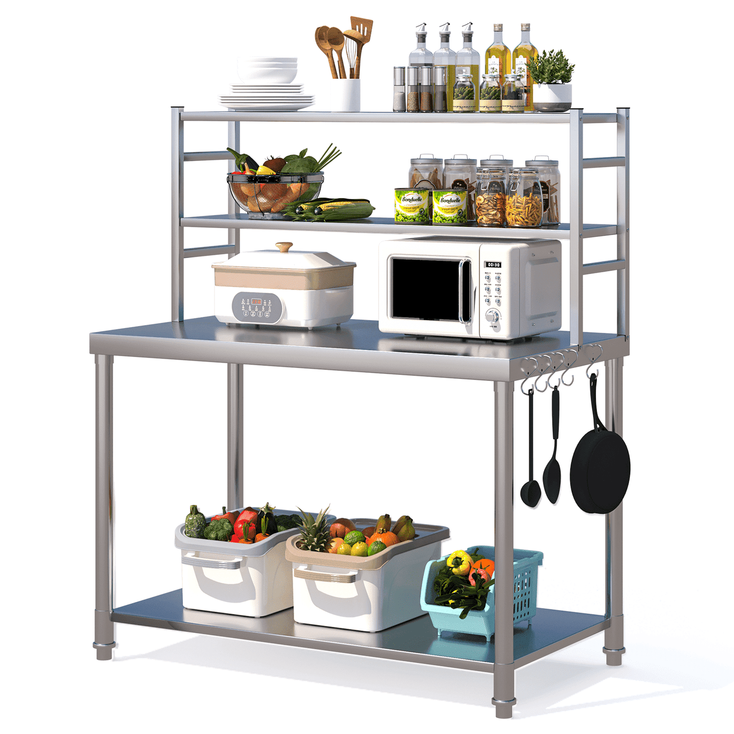 AECOJOY Stainless Steel Table With Overshelves Work Table With Hooks Commercial Kitchen Prep Table With Two Shelves Heavy Duty Metal Table for Commercial Kitchen Restaurant