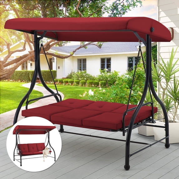 AECOJOY Steel 3 Person Canopy Porch Swing with Glider Hammock, Red