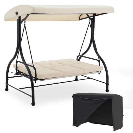 AECOJOY 3 Person Steel Outdoor Patio Canopy Adjustable Steel Porch Swing Chair with Cover, Beige