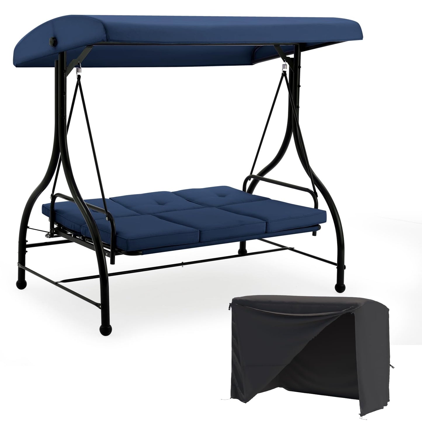 AECOJOY 3 Person Steel Outdoor Patio Canopy Adjustable Steel Porch Swing Chair with Cover, Blue