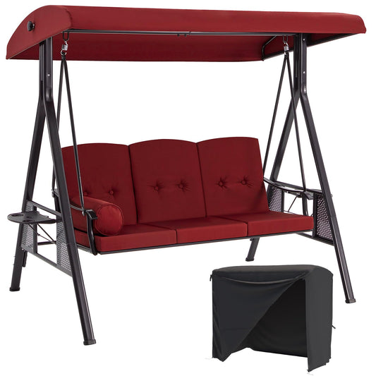 Steel Outdoor Patio Canopy Adjustable Steel Porch Swing Chair with Cover, Red