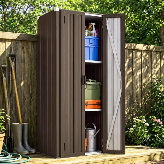 AECOJOY Waterproof Outdoor Storage Cabinet with 3-Tier Adjustable Shelves, Galvanized Steel, Brown, for Patio & Garden