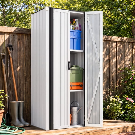 AECOJOY Waterproof Outdoor Storage Cabinet with 3-Tier Adjustable Shelves, Galvanized Steel, White, for Patio & Garden
