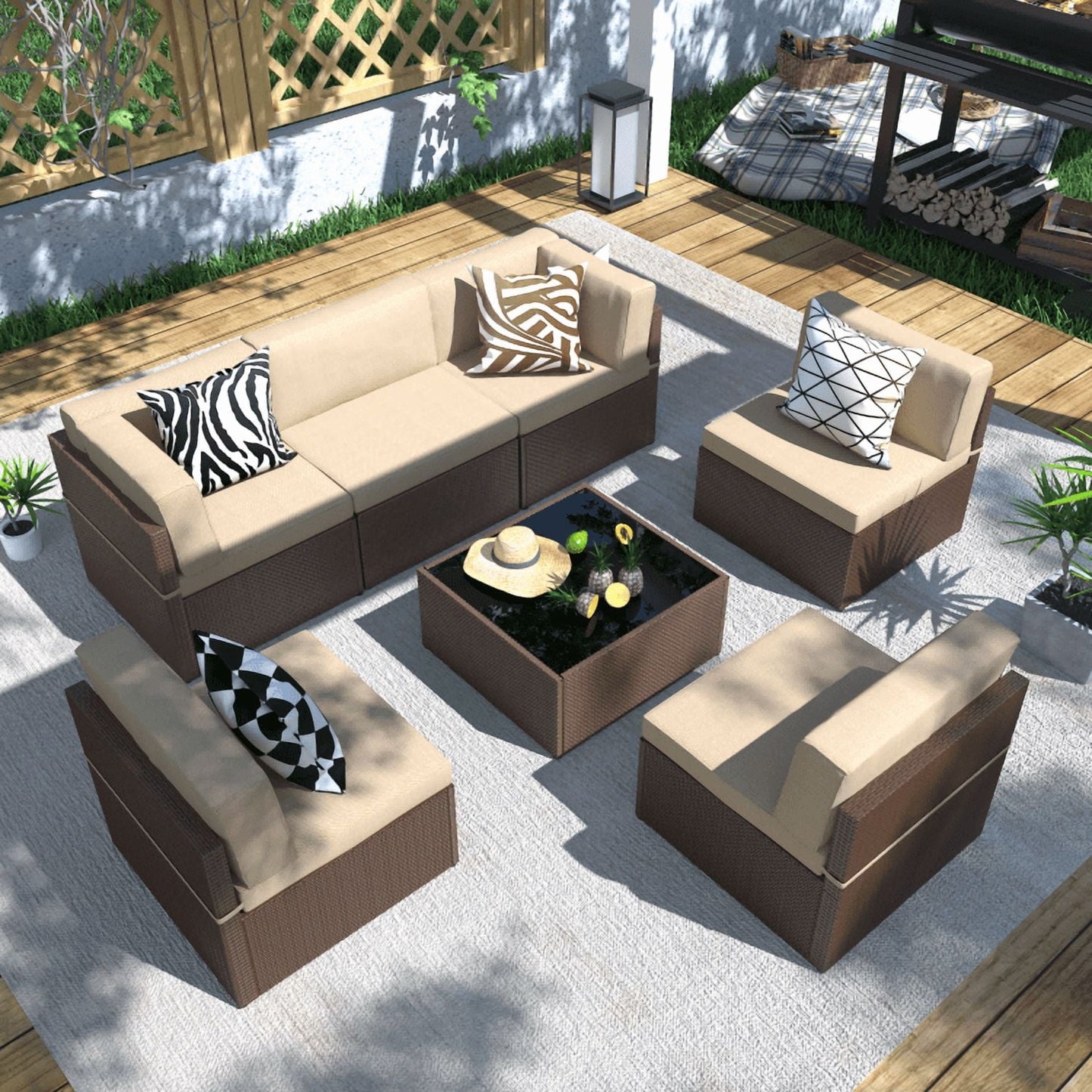 Danrelax 7-Piece Outdoor Sectional Sofa Patio Conversation Set, PE Rattan Wicker Furniture, Steel Frame, Beige Cushion/ Brown Rattan
