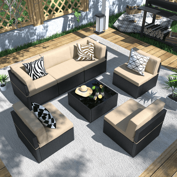 Danrelax 7-Piece Outdoor Sectional Sofa Patio Conversation Set, PE Rattan Wicker Furniture, Steel Frame, Brown w/ Black Rattan