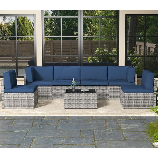 Danrelax 7-Piece Outdoor Sectional Sofa Patio Conversation Set, PE Rattan Wicker Furniture, Steel Frame in Dark Blue