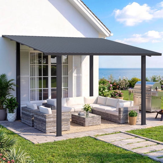 JFHID 12'×10' Heavy Duty Wall-Mounted Hardtop Gazebo, Galvanized Steel Lean-to Pergola for Patio & Backyard,Black