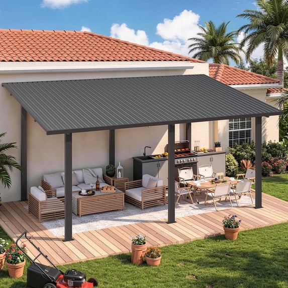 JFHID 16' x 10' Heavy Duty Lean-to Gazebo, Galvanized Steel Wall-Mounted Hardtop Pergola for Patio Backyard Deck,Black