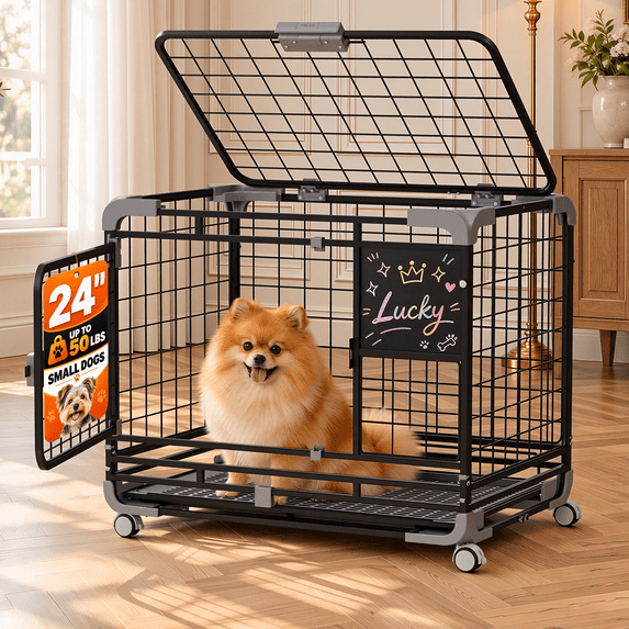 JFHID 24" Metal Wire Dog Crate for Small Dogs with Wheels, Black