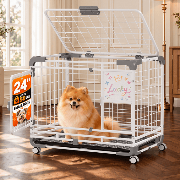 JFHID 24" Metal Wire Dog Crate for Small Dogs with Wheels, White