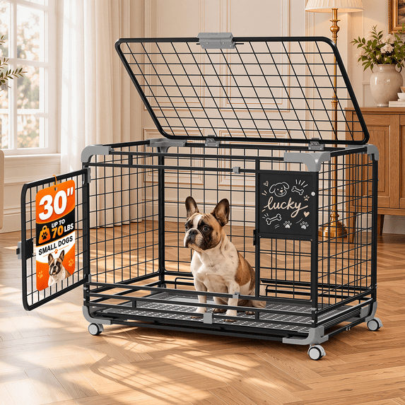 JFHID 30" Metal Wire Dog Crate for Small Dogs with Wheels, Black