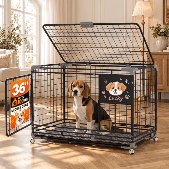 JFHID 36" Metal Wire Dog Crate for Small Dogs with Wheels, Black