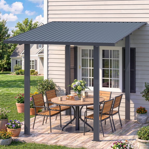 JFHID 8'x8' Wall-Mounted Hardtop Gazebo, Heavy Duty Lean-to Grill Gazebo with Galvanized Steel Roof for Patio & Deck,Black