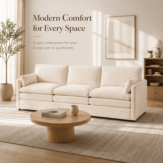 JFHID 89 inch Apartment Cloud Couch, 3-Seater Chenille Sofa for Living Rooms,Cream White