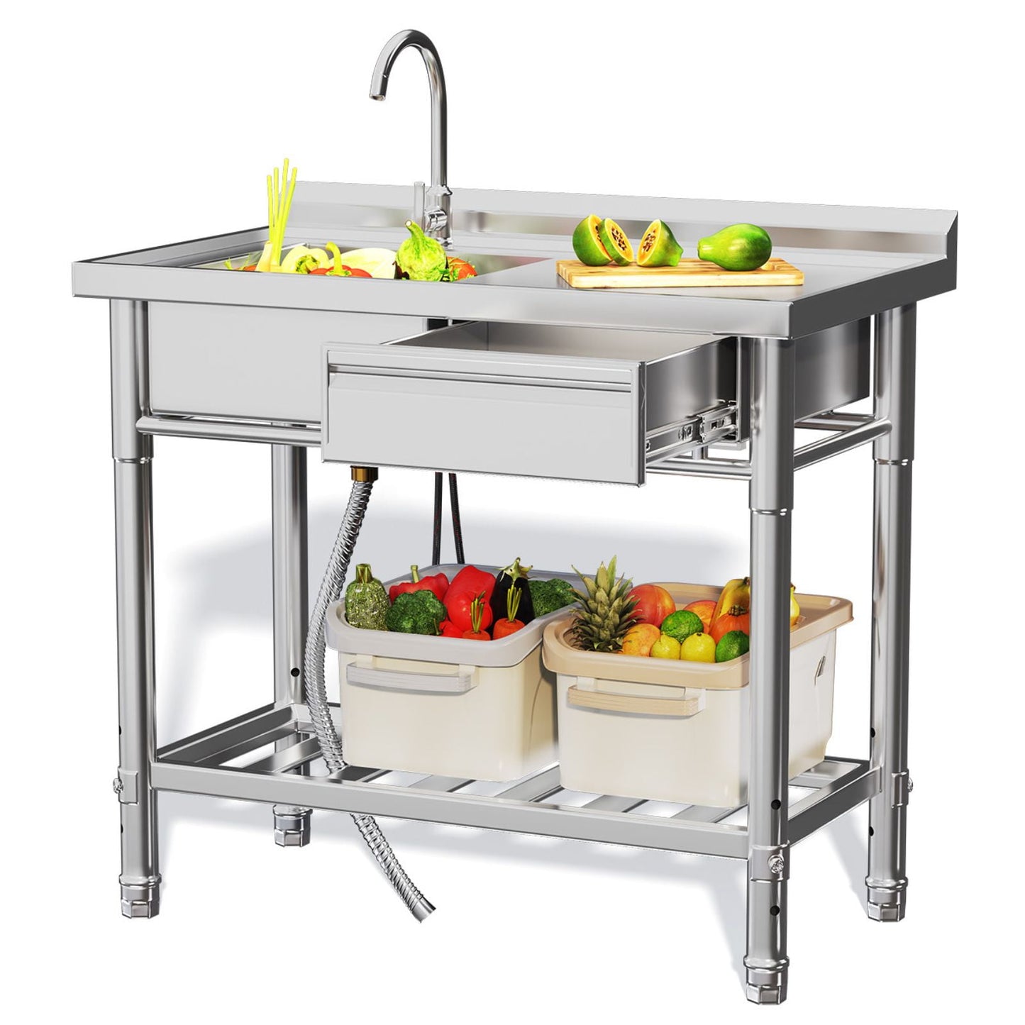 JFHID Stainless Steel Utility Sink,39.8" Free Standing Single Bowl Commercial Kitchen Sink with Drawer Faucet and Hot & Cold Water Pipe