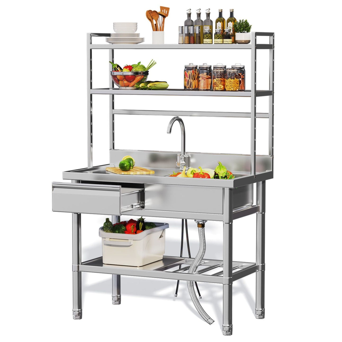 JFHID Stainless Steel Utility Sink with Shelves, Free Standing Single Bowl Commercial Kitchen Sinks with Drawer & Water Pipes, Stainless Steel Prep Table Countertop Workbench for Home Restaurant