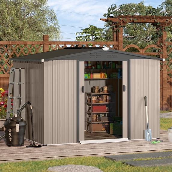 YODOLLA 8 x 6 ft. Outdoor Metal Storage Shed with Lockable Door Patio Garden&nbsp;Storage Building in Gray for Outside
