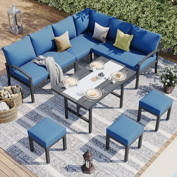 YODOLLA 7 Pieces Metal Patio Furniture Sets Outdoor Conversation Set with Dining Table and Chair, Dark Blue