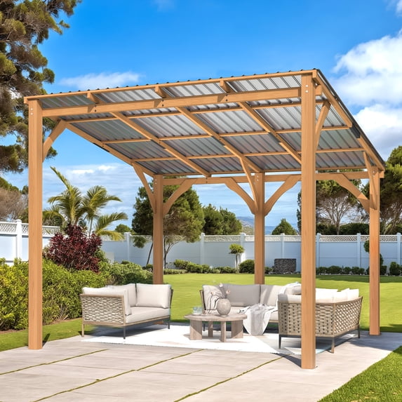 YODOLLA 10' x 10' Wall-Mounted Outdoor Wood Gazebo, Hardtop Cedar Pergola with Heavy-Duty Awnings for Patio, Deck, Backyard
