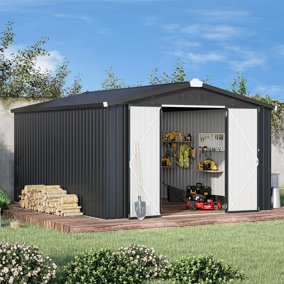 10'x 14' Dark Gary Metal Storage Shed, Lockable Outdoor Utility Shed for Garden Backyard Tool Storage