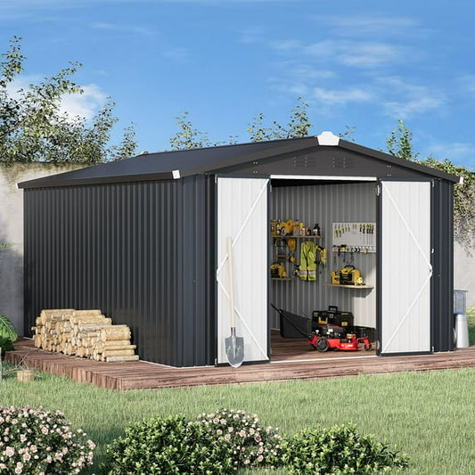 YODOLLA 10'x 14' Dark Gary Metal Storage Shed, Lockable Outdoor Utility Shed for Garden Backyard Tool Storage