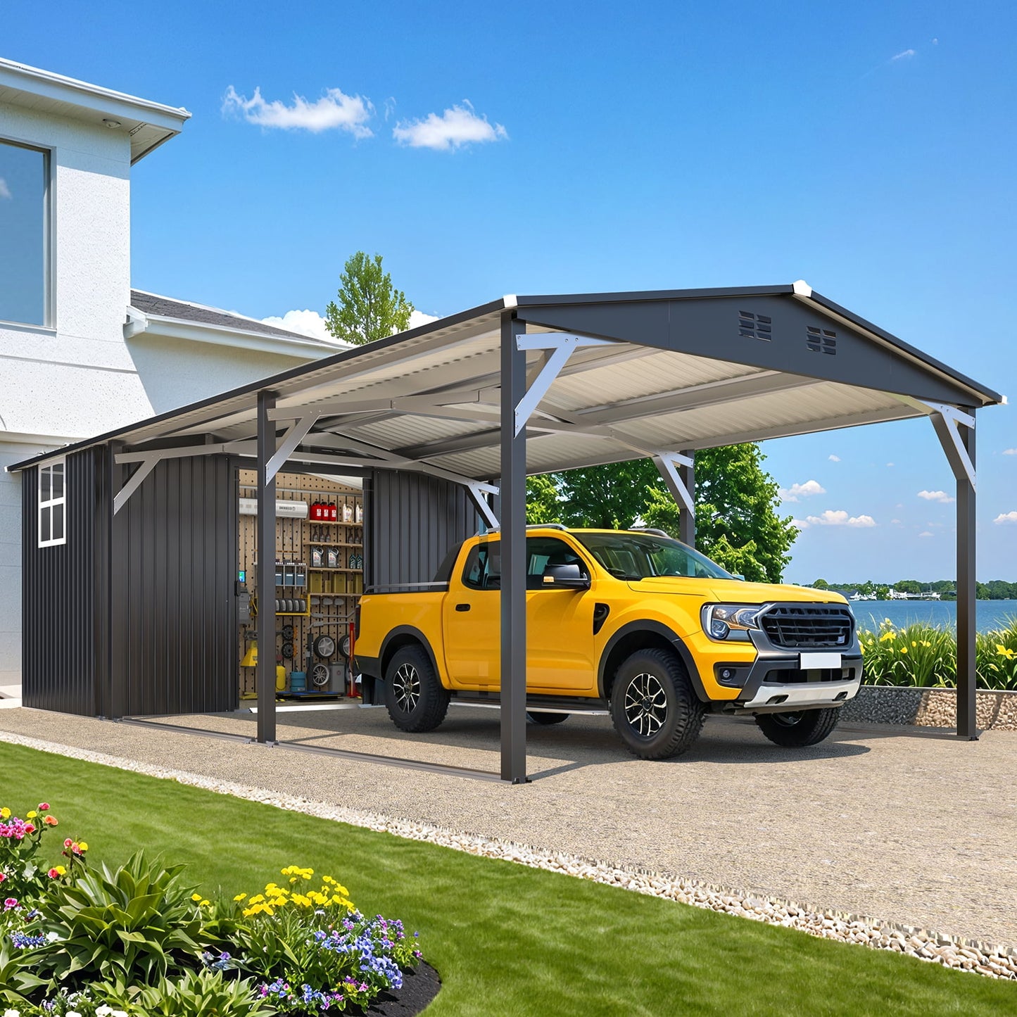 YODOLLA 12 x 20 Heavy Duty Metal Carport & Outdoor Storage with 76 Sq. Ft Tool Shed Attached in Dark Gray