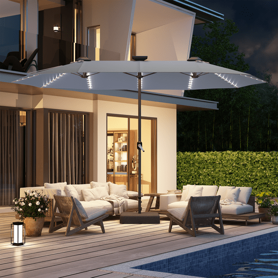YODOLLA 15 x 9 ft Double-Sided Rectangular Patio Umbrella with Solar Lights & Included Base, 360° All-Round Lighting, 1.9" Pole, Dark Gray