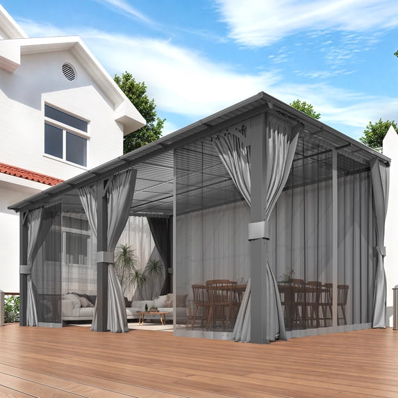 YODOLLA 16' x 12' Outdoor Hardtop Gazebo With Mosquito Net, Pergola for Garden, Patio, Backyard-Dark Grey