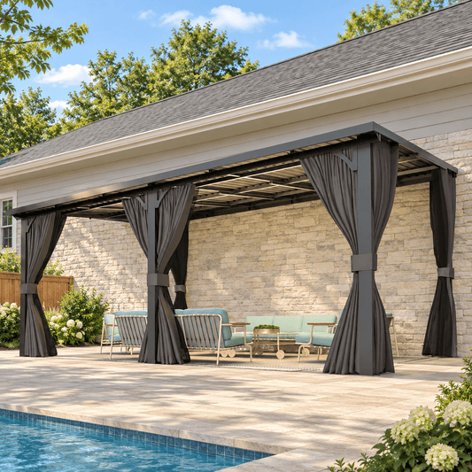 YODOLLA 16x12ft Wall-Mounted Hardtop Gazebo with Curtains and Netting, Heavy Duty Outdoor Pergola for Patio and Deck