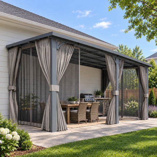 YODOLLA 16x8ft Wall-Mounted Hardtop Gazebo with Curtains and Netting, Heavy Duty Outdoor Pergola for Patio and Deck