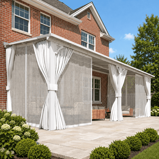 YODOLLA 20x8ft Wall-Mounted Hardtop Gazebo with Curtains and Netting, Heavy Duty Outdoor Pergola for Patio and Deck