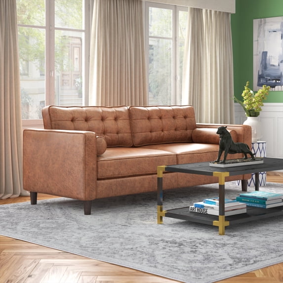 YODOLLA 3-Seat 84.2" Upholstered Sofa with Bolster Pillows, Brown Suede