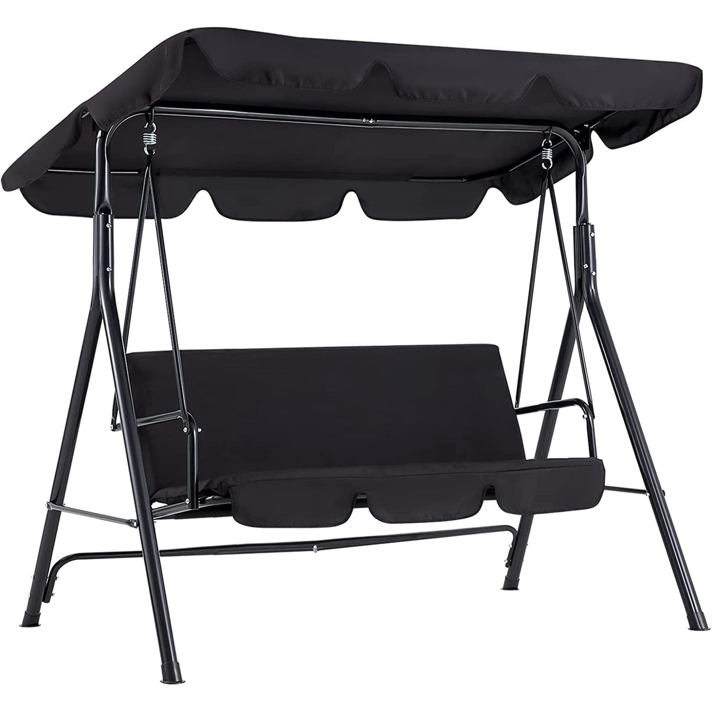 YODOLLA 3-Seat Outdoor Steel Porch Swing with Canopy, Swing Glider-Black, Free Standing Porch Swing
