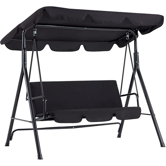 YODOLLA 3-Seat Outdoor Steel Porch Swing with Canopy, Swing Glider-Black, Free Standing Porch Swing