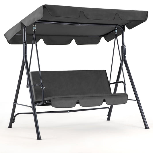 YODOLLA 3-Seat Outdoor Steel Porch Swing with Canopy, Swing Glider-Gray, Free Standing Porch Swing