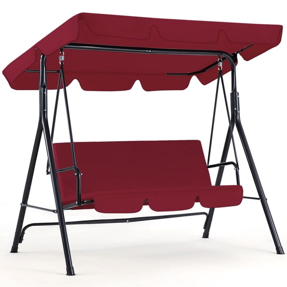 3-Seat Outdoor Steel Porch Swing with Canopy, Swing Glider-Red, Free Standing Porch Swing