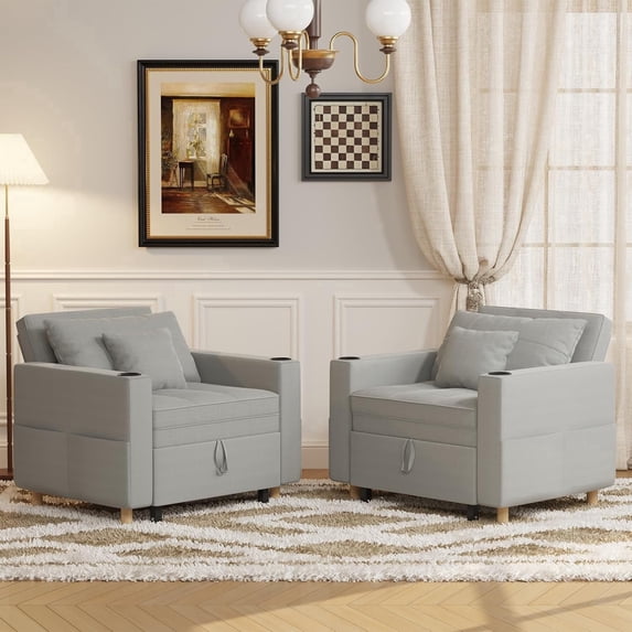 Sleeper Chair, 38" Extra-Wide 3-in-1 Convertible Pull-Out Single Sofa with Adjustable Backrest and Cup Holder, Light Grey（One PC）