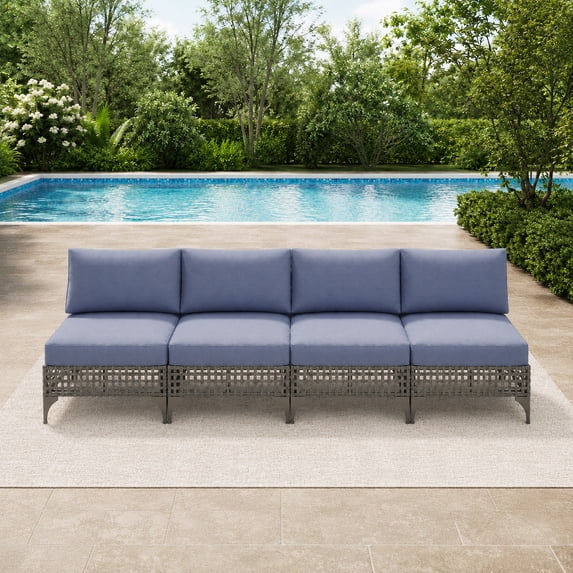 YODOLLA 4 Piece Patio Sofa Set, Outdoor Modular Wicker Furniture w/ Armless Seats for Lawn/Garden/Balcony, Blue Cushions and Light Gray PE Rattan