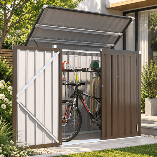 YODOLLA 46 Cu.Ft Outdoor Trash Can Storage Shed with Lift-Up Lid & Gas Strut, Waterproof Metal Garbage Bin Enclosure, Brown