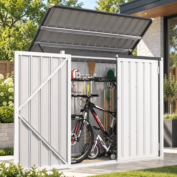YODOLLA 46 Cu.Ft Outdoor Trash Can Storage Shed with Lift-Up Lid & Gas Strut, Waterproof Metal Garbage Bin Enclosure, White