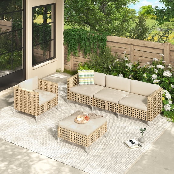 YODOLLA 5-Piece Patio Furniture Set, Boho Style Rattan Wicker 3-Seater Sofa Couch & Single Sofa Couch with Table In Beige