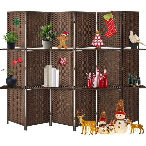 YODOLLA 6 Panel Room Divider, 6 FT Tall&Extra Wide Weave Fiber Room Divider with Storage Shelves, Folding Wall Dividers, Room Separators Dividers, Brown