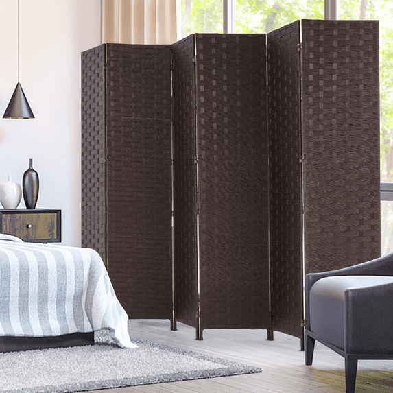 YODOLLA 6 Panels Room Divider, 6 FT Tall Weave Fiber Room Divider, Double Hinged Folding Privacy Screens, Freestanding Room Dividers, Coffee