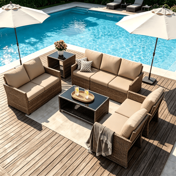 YODOLLA 7-Piece Patio Furniture Set with Storage on Sale, Rattan Wicker Outdoor Furniture with 2 Storage Boxes & Protection Cov Outdoor Sectional Sofa Conversation Set in Brown Wicker& Beige Cushions