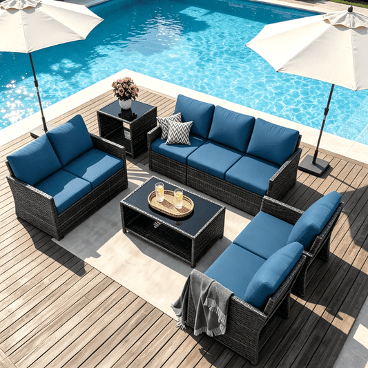 YODOLLA 7-Piece Patio Furniture Set with Storage on Sale, Rattan Wicker Outdoor Furniture with 2 Storage Boxes & Protection Cover Outdoor Sectional Sofa Conversation Set in Gray Wicker& Navy Cushions