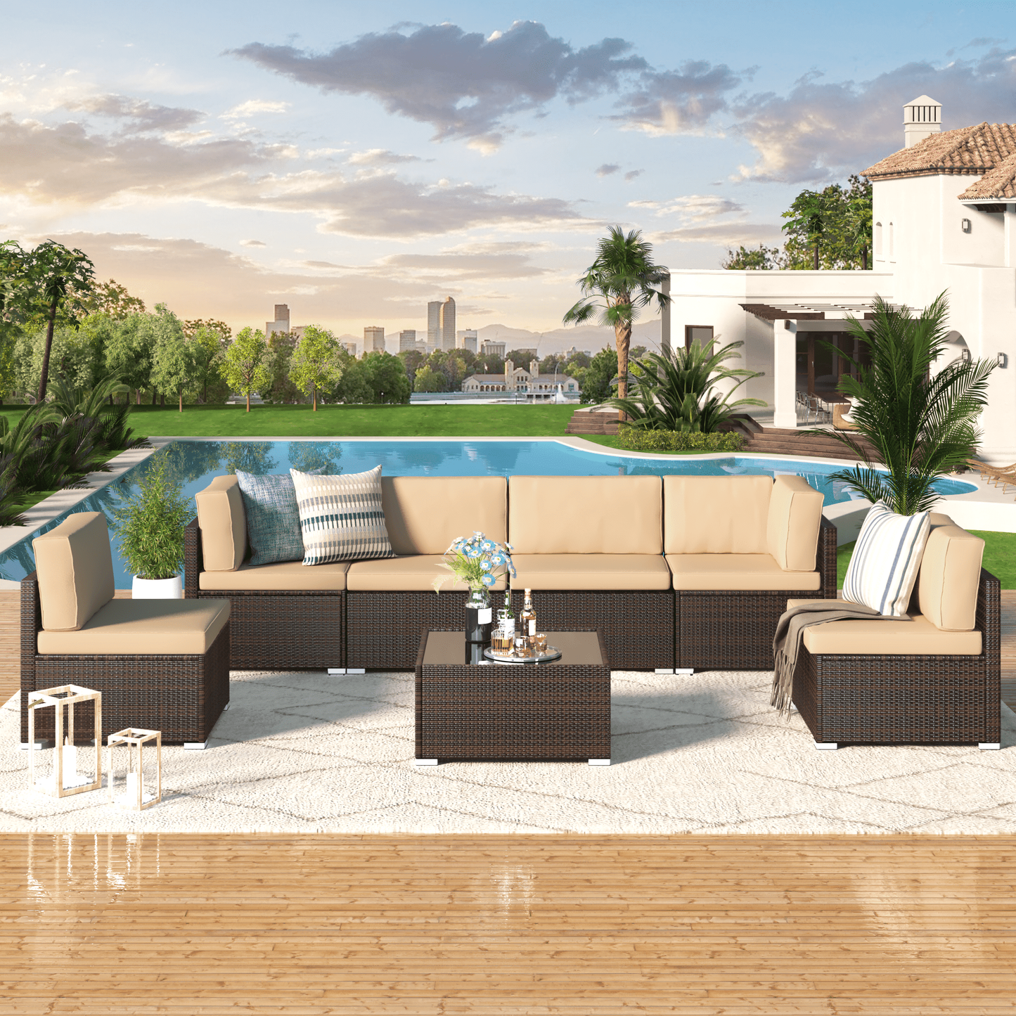 YODOLLA 7 Pc Patio Furniture Set in Beige Cushion& Black PE Rattan Outdoor Sectional Sofa Couch Patio Conversation Set with Table