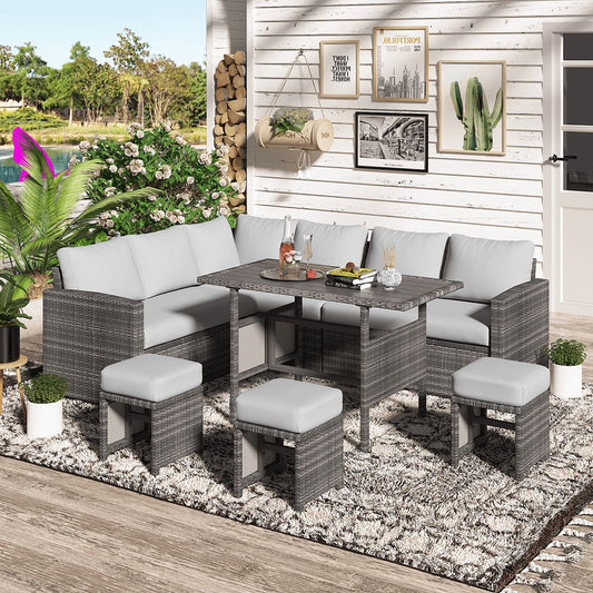 YODOLLA 7 Pc Patio Furniture Set PE Rattan Outdoor Sectional Sofa Couch Dining Set with Table Patio Conversation Set in Gray