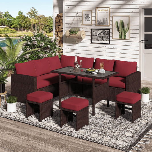 YODOLLA 7 Pc Patio Furniture Set PE Rattan Outdoor Sectional Sofa Couch Dining Set with Table Patio Conversation Set in Wine Red